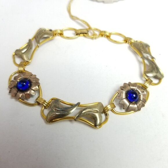 Vintage Providence Stock Co Gold Filled Sterling Silver Blue Flower Bracelet - Picture 1 of 9